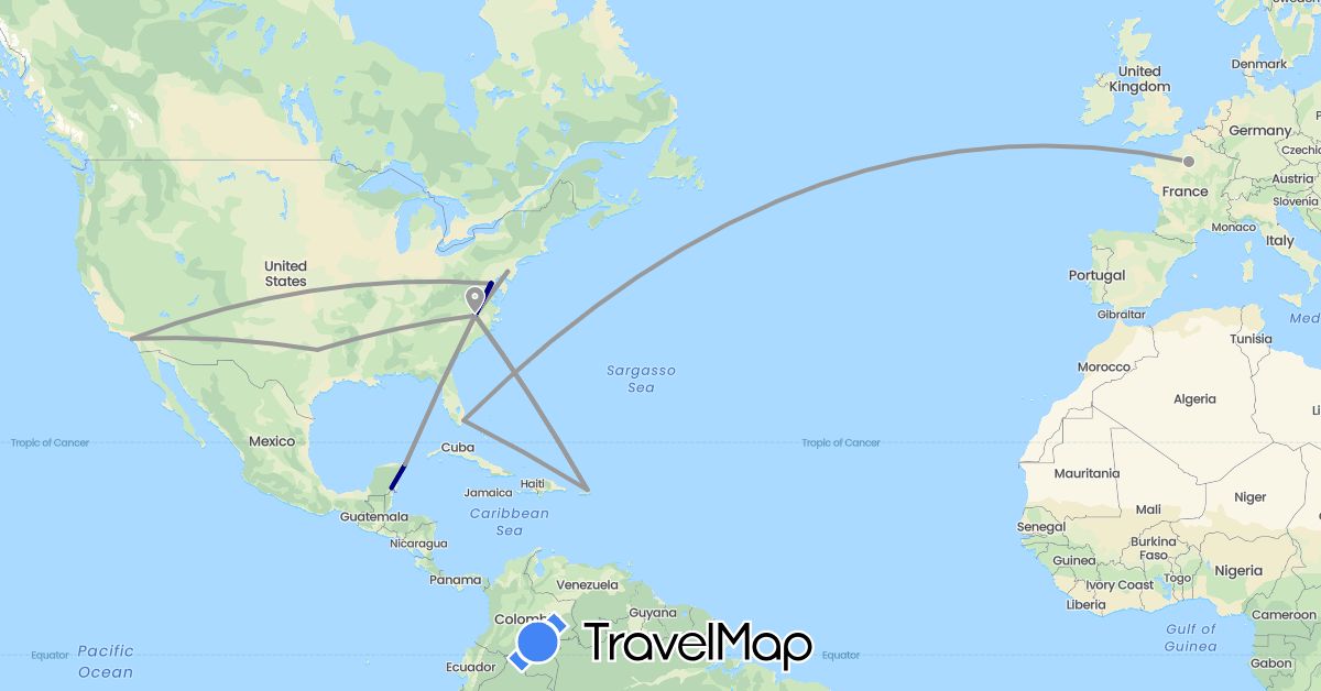 TravelMap itinerary: driving, plane, train in France, Mexico, United States (Europe, North America)